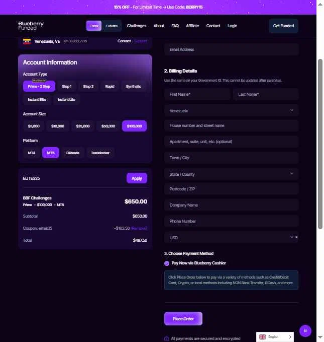 Blueberry Funded checkout page showing Blueberry Funded discount code box | Screenshot taken by SimplyCodes community member on Jan 27, 2026