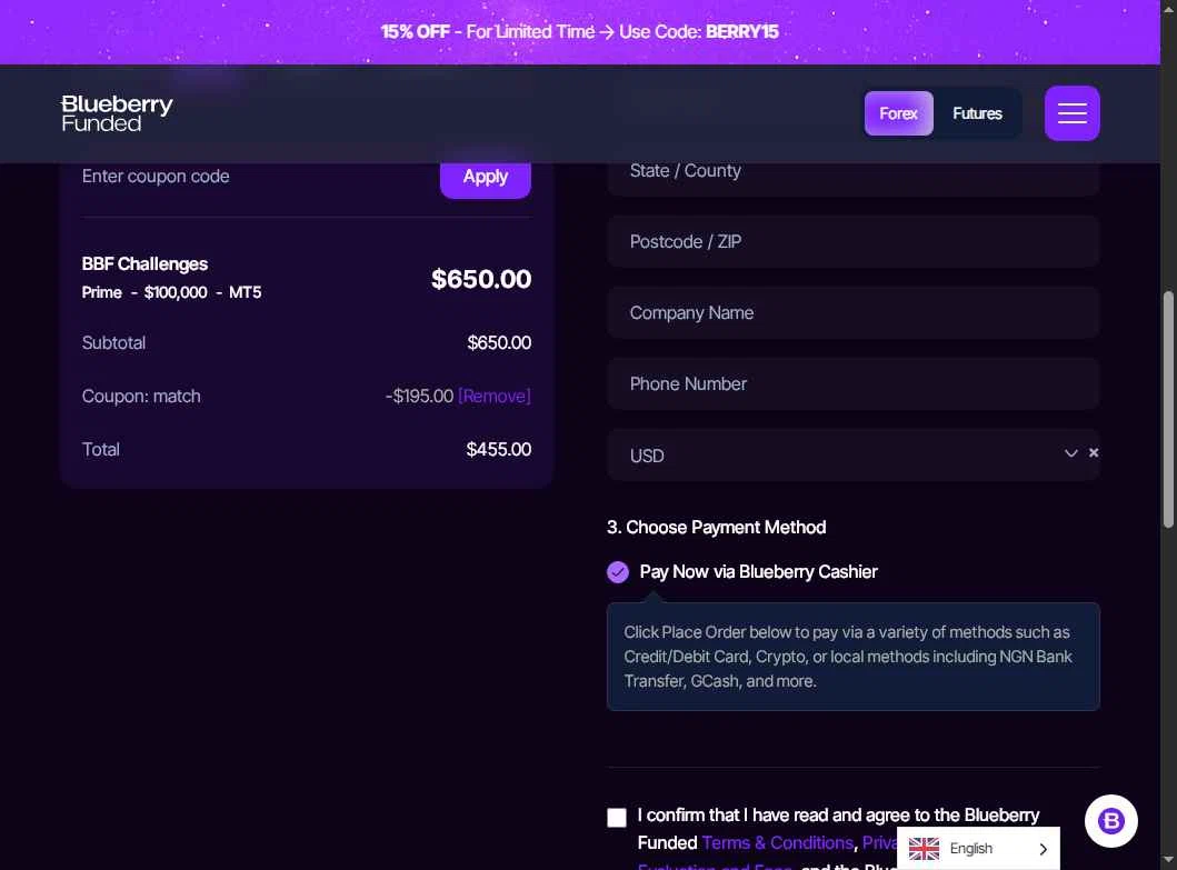 Blueberry Funded checkout page showing Blueberry Funded discount code box | Screenshot taken by SimplyCodes community member on Feb 4, 2026