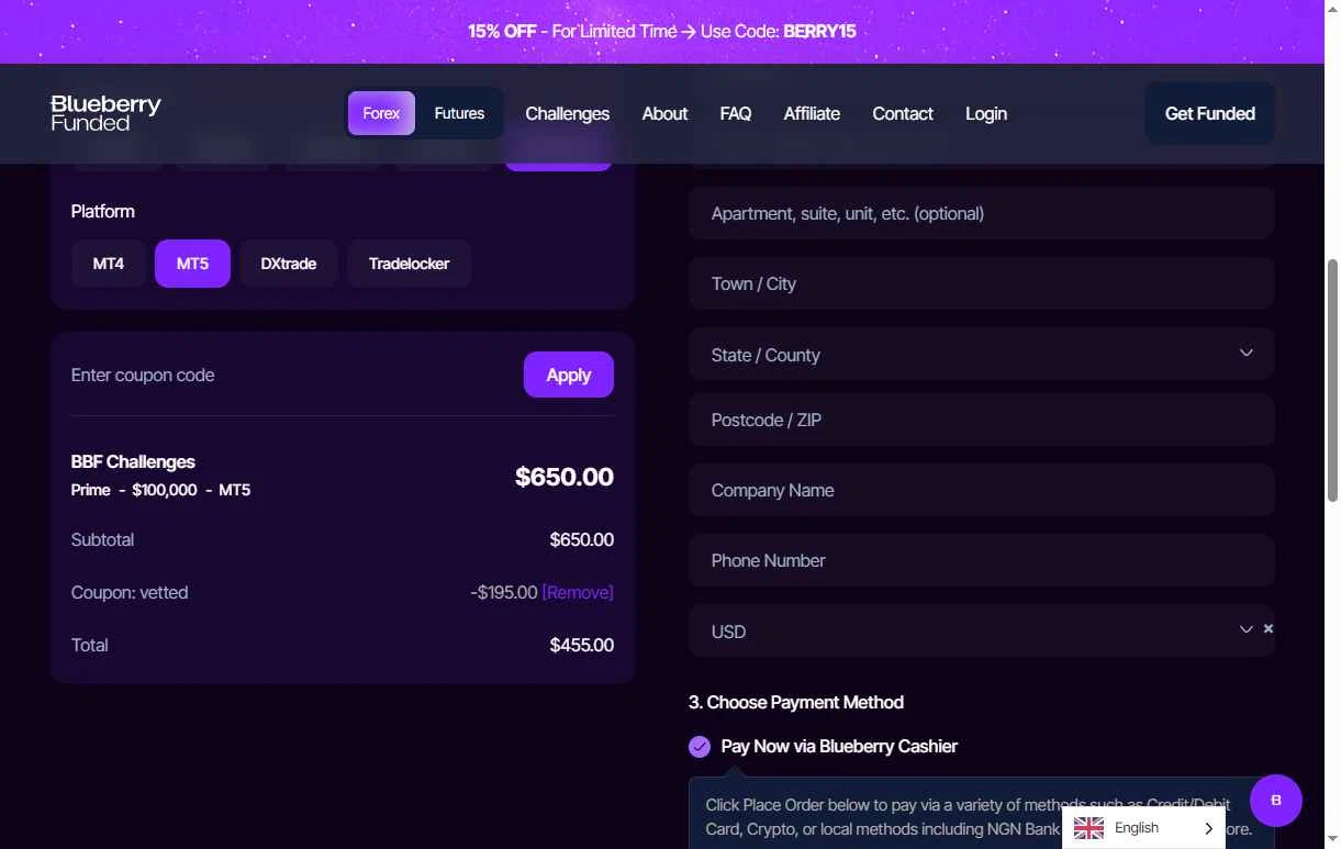 Blueberry Funded checkout page showing Blueberry Funded discount code box | Screenshot taken by SimplyCodes community member on Jan 25, 2026