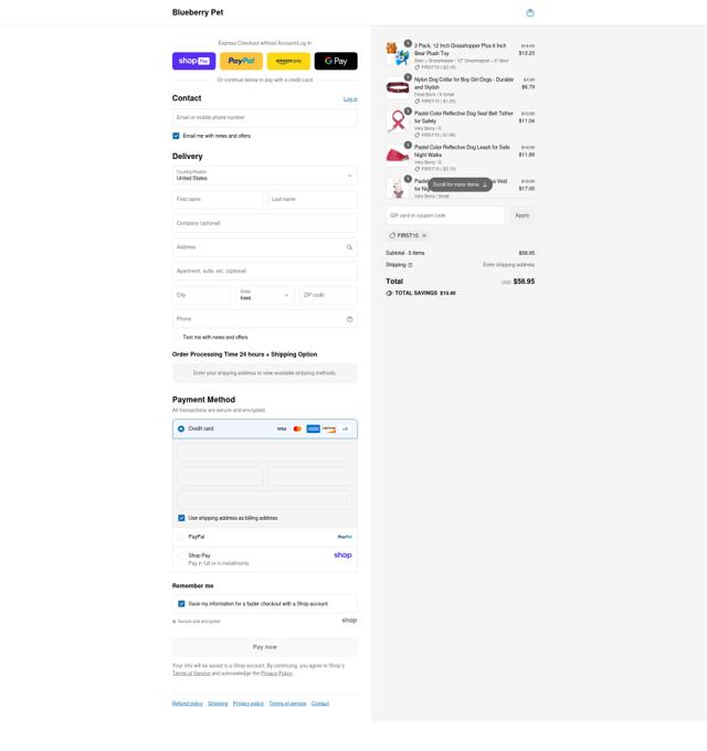 Blueberry Pet checkout page showing Blueberry Pet promo code box | Screenshot taken by SimplyCodes community member on Aug 15, 2025