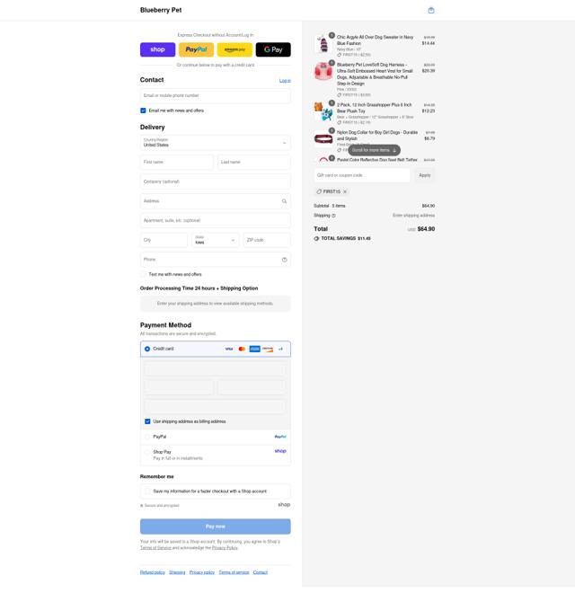 Blueberry Pet checkout page showing Blueberry Pet promo code box | Screenshot taken by SimplyCodes community member on Sep 2, 2025
