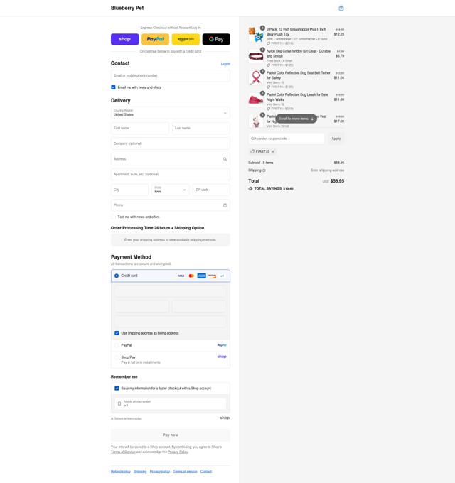 Blueberry Pet checkout page showing Blueberry Pet promo code box | Screenshot taken by SimplyCodes community member on Aug 29, 2025