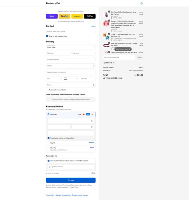 Blueberry Pet checkout page showing Blueberry Pet promo code box | Screenshot taken by SimplyCodes community member on Sep 10, 2025