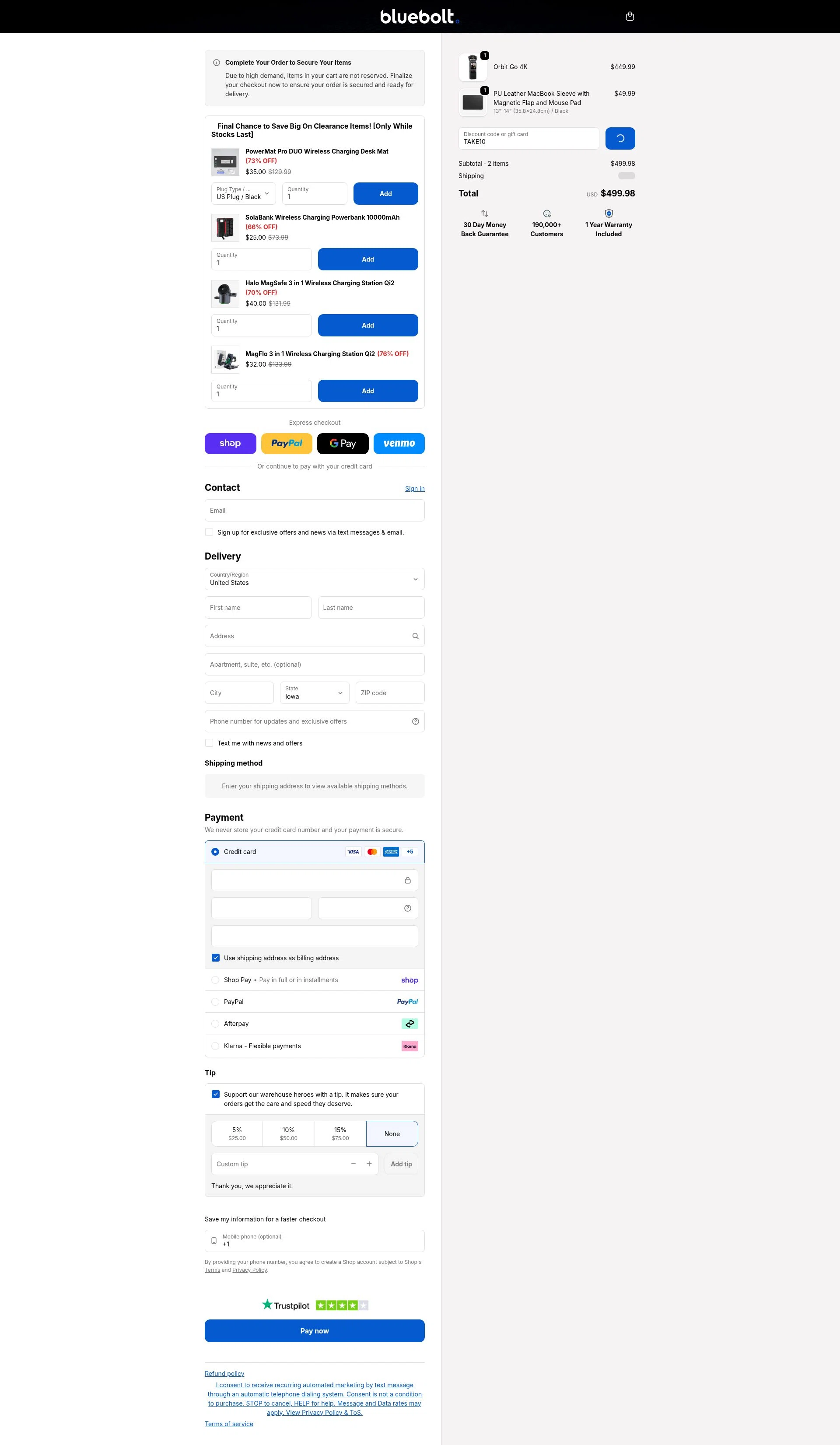 BlueBolt Chargers checkout page showing BlueBolt Chargers discount code box | Screenshot taken by SimplyCodes community member on Feb 11, 2026