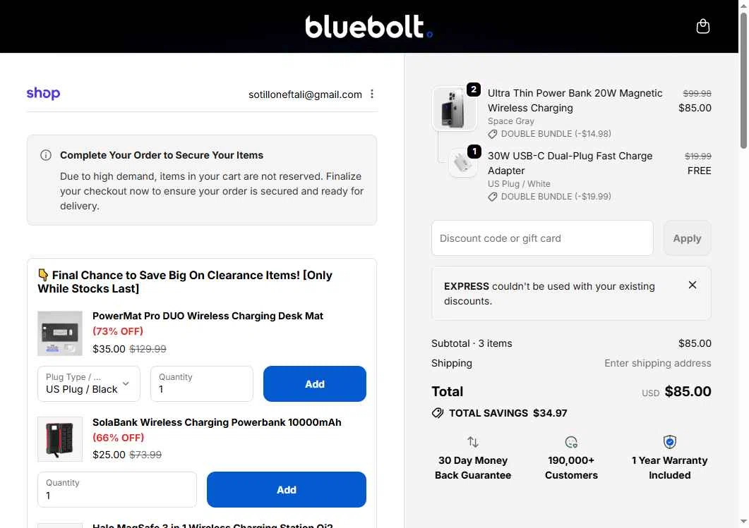 BlueBolt Chargers checkout page showing BlueBolt Chargers discount code box | Screenshot taken by SimplyCodes community member on Feb 11, 2026