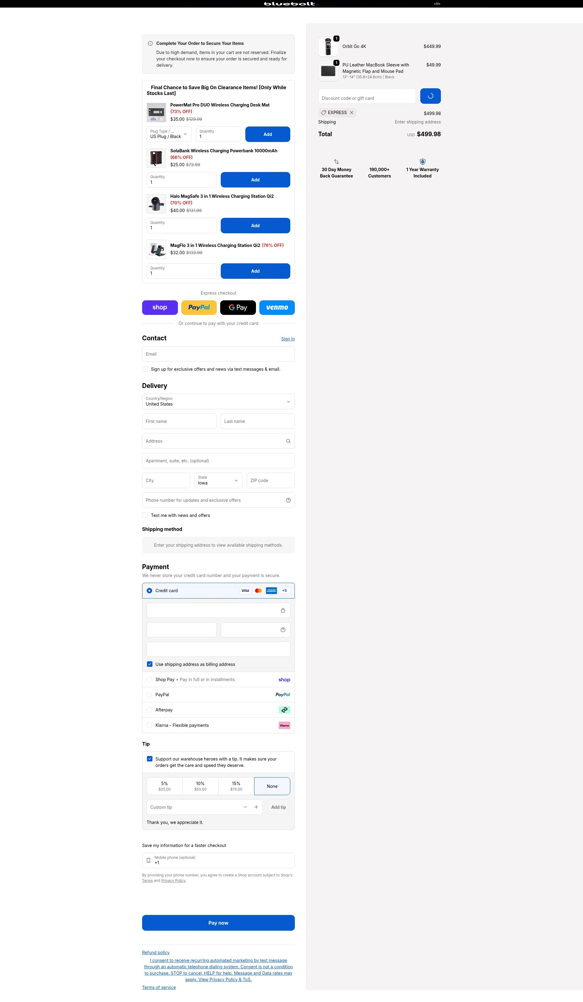 BlueBolt Chargers checkout page showing BlueBolt Chargers discount code box | Screenshot taken by SimplyCodes community member on Feb 11, 2026