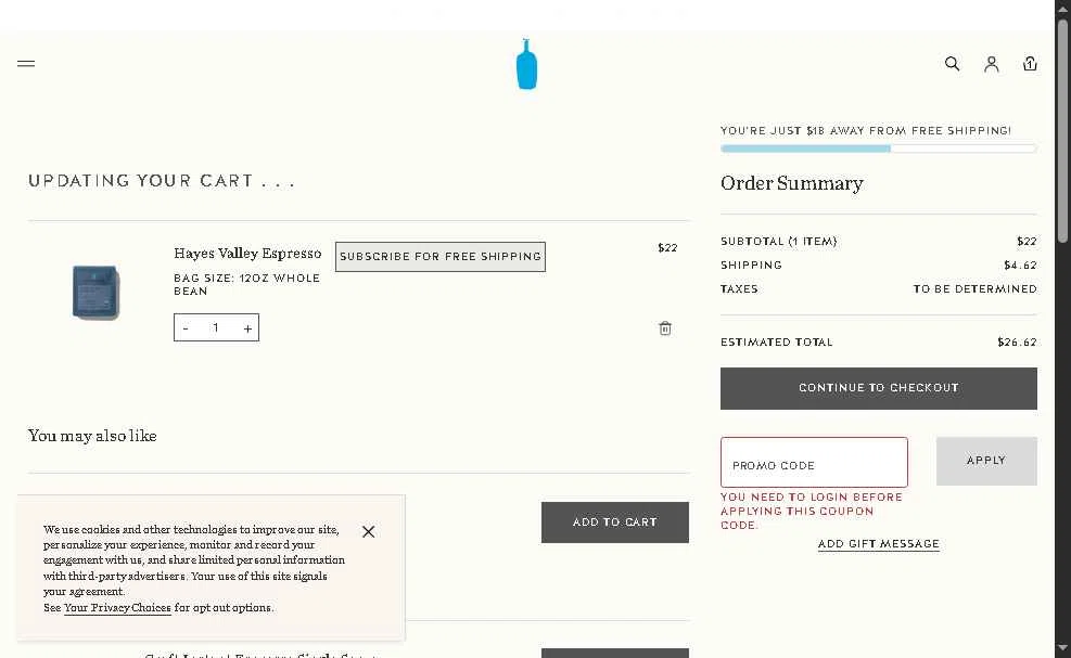 Blue Bottle Coffee checkout page showing Blue Bottle Coffee coupon code box | Screenshot taken by SimplyCodes community member on Dec 24, 2025