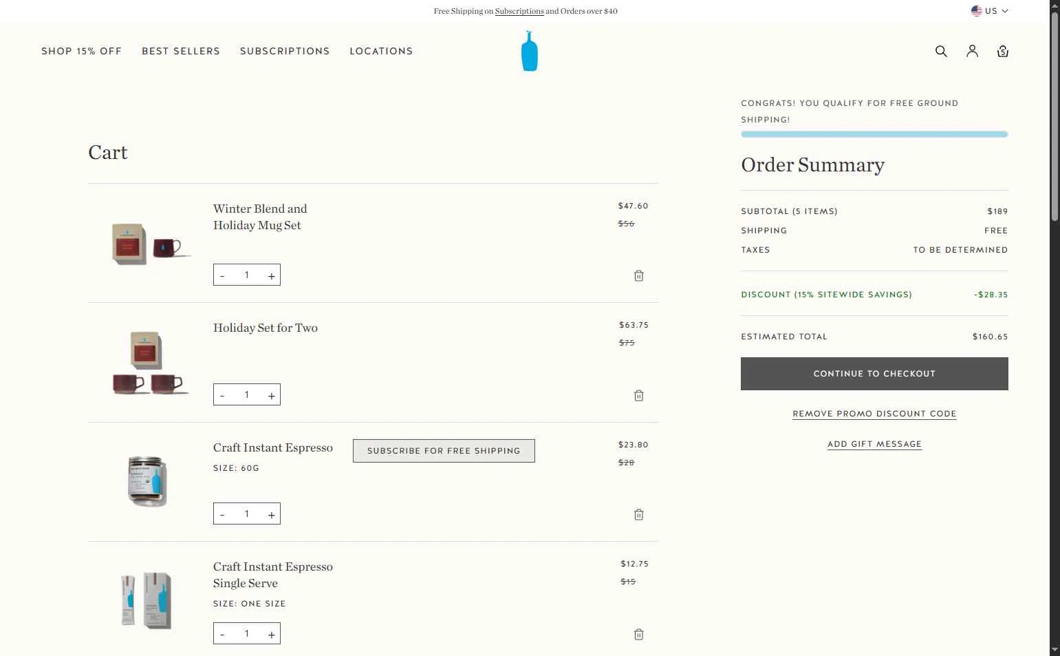 Blue Bottle Coffee checkout page showing Blue Bottle Coffee coupon code box | Screenshot taken by SimplyCodes community member on Nov 25, 2025