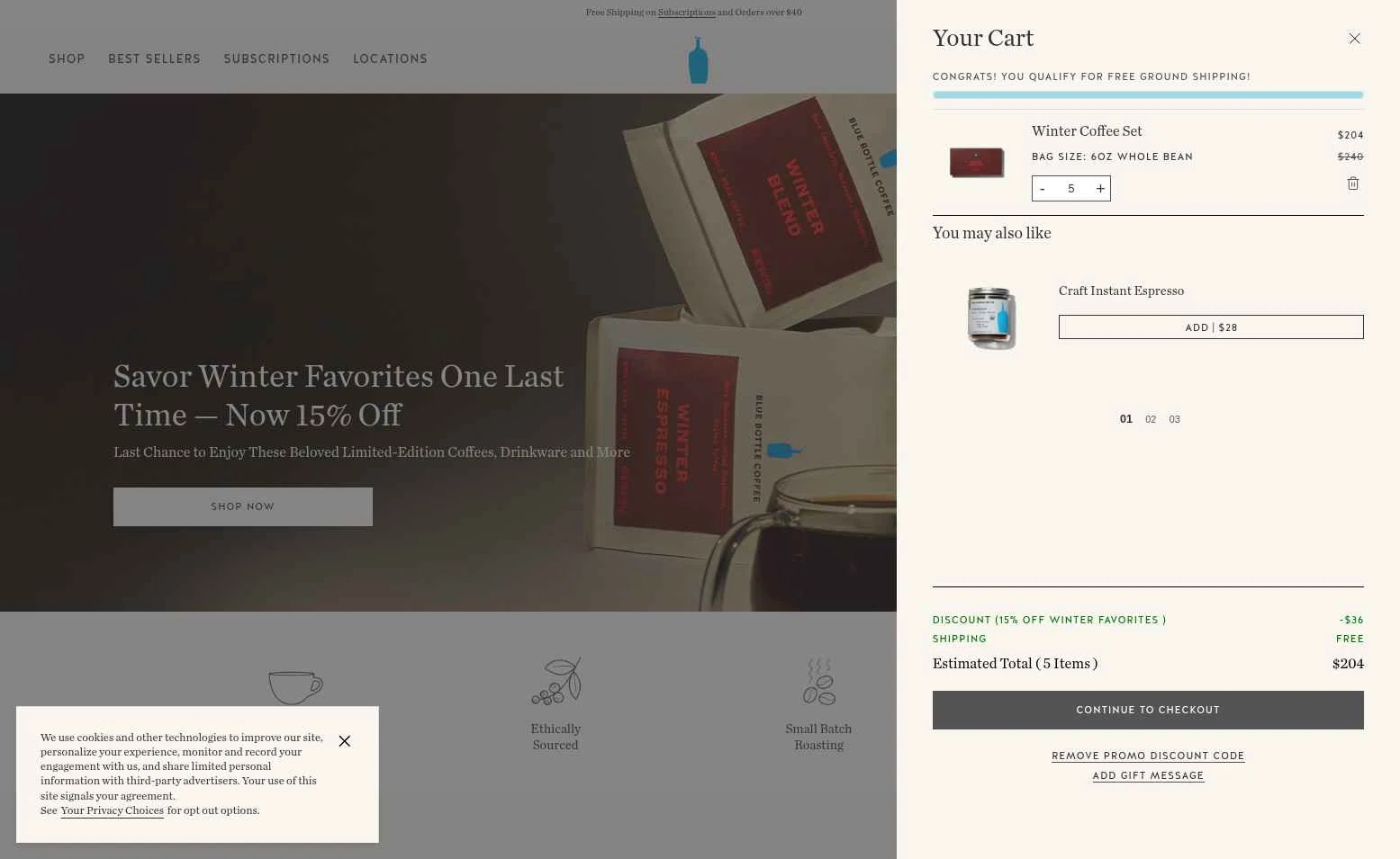 Blue Bottle Coffee checkout page showing Blue Bottle Coffee coupon code box | Screenshot taken by SimplyCodes community member on Jan 5, 2026