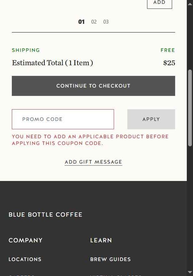 Blue Bottle Coffee checkout page showing Blue Bottle Coffee coupon code box | Screenshot taken by SimplyCodes community member on Jul 25, 2025