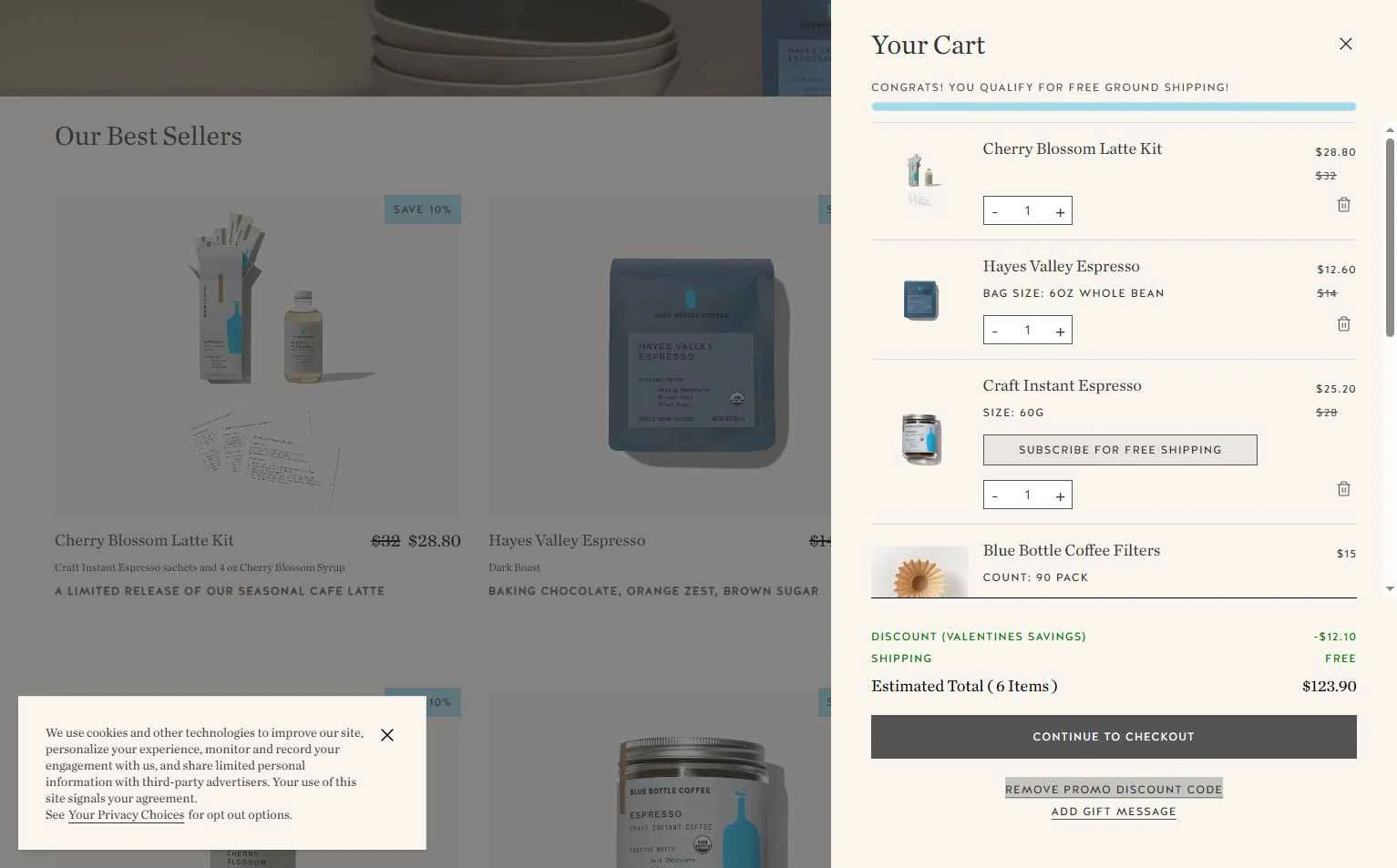 Blue Bottle Coffee checkout page showing Blue Bottle Coffee coupon code box | Screenshot taken by SimplyCodes community member on Feb 7, 2026