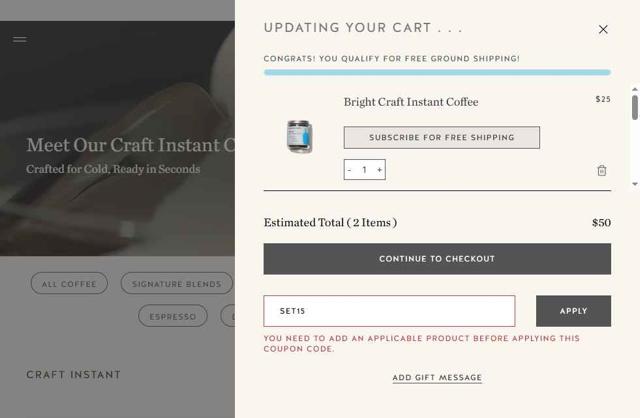 Blue Bottle Coffee checkout page showing Blue Bottle Coffee coupon code box | Screenshot taken by SimplyCodes community member on Jul 23, 2025