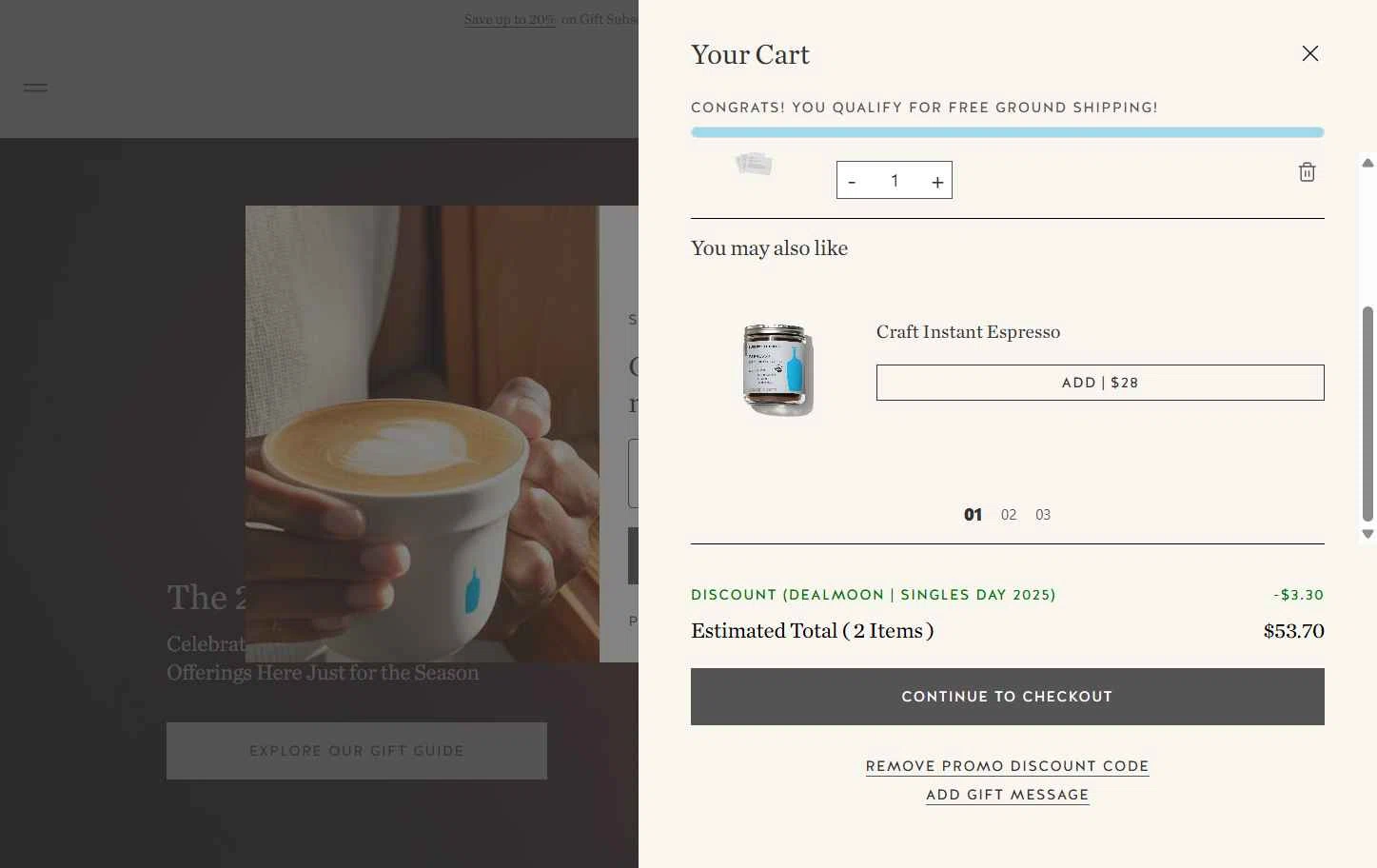 Blue Bottle Coffee checkout page showing Blue Bottle Coffee coupon code box | Screenshot taken by SimplyCodes community member on Nov 10, 2025