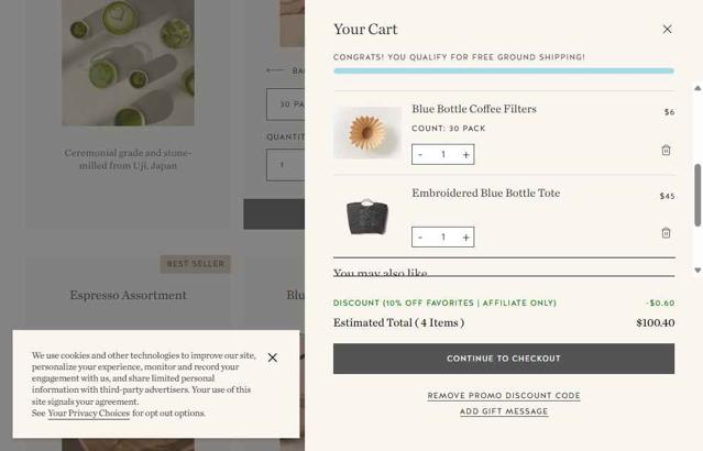 Blue Bottle Coffee checkout page showing Blue Bottle Coffee coupon code box | Screenshot taken by SimplyCodes community member on Aug 17, 2025