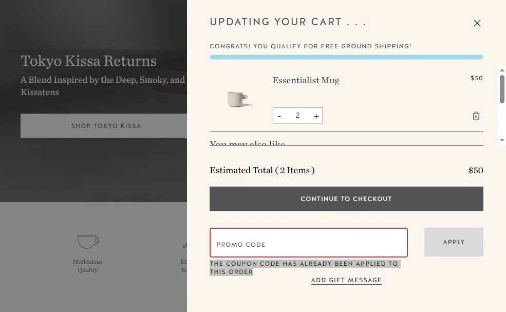 Blue Bottle Coffee checkout page showing Blue Bottle Coffee coupon code box | Screenshot taken by SimplyCodes community member on Sep 12, 2025