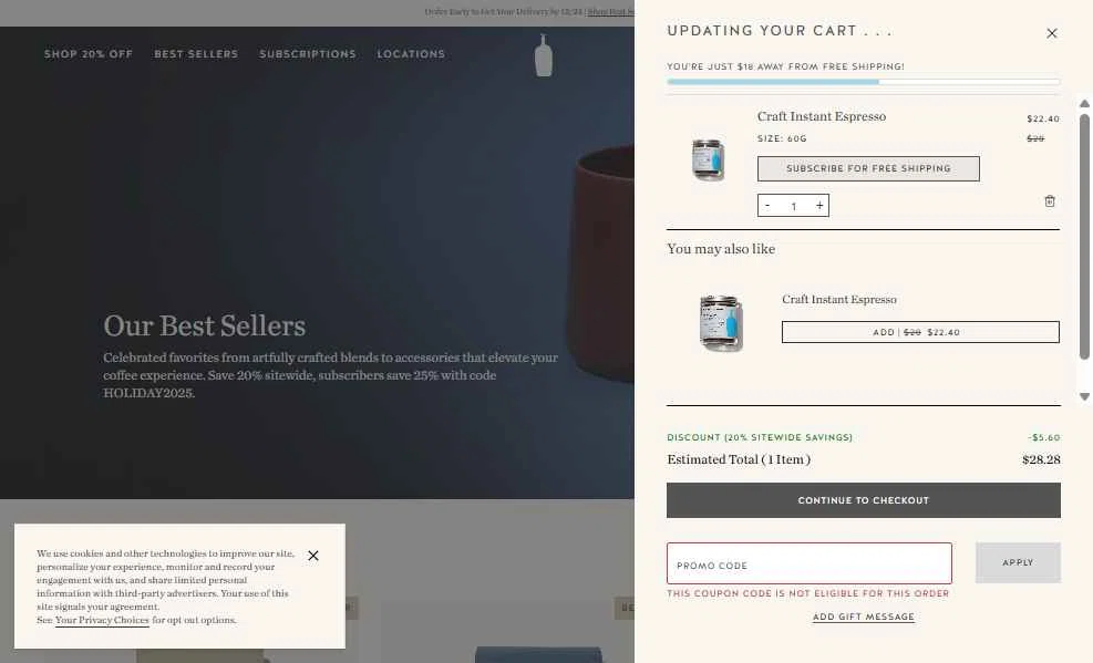Blue Bottle Coffee checkout page showing Blue Bottle Coffee coupon code box | Screenshot taken by SimplyCodes community member on Dec 9, 2025