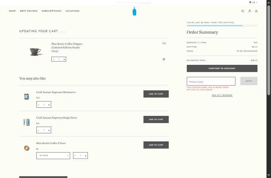 Blue Bottle Coffee checkout page showing Blue Bottle Coffee coupon code box | Screenshot taken by SimplyCodes community member on Sep 12, 2025