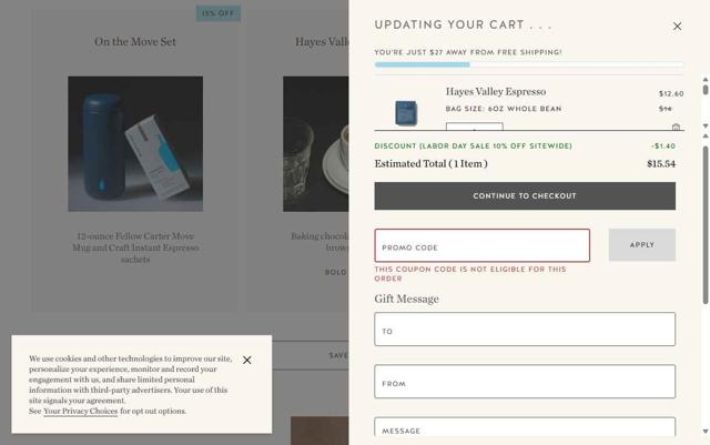 Blue Bottle Coffee checkout page showing Blue Bottle Coffee coupon code box | Screenshot taken by SimplyCodes community member on Aug 28, 2025