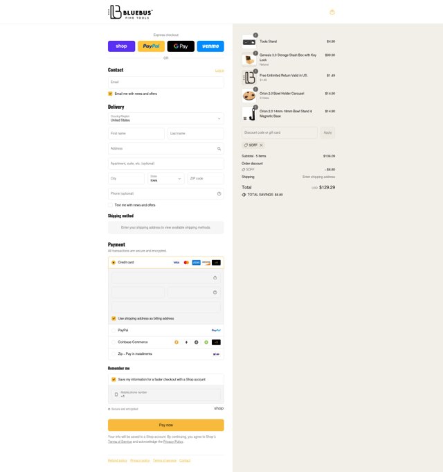 BlueBus Fine Tools checkout page showing BlueBus Fine Tools discount code box | Screenshot taken by SimplyCodes community member on Sep 7, 2025