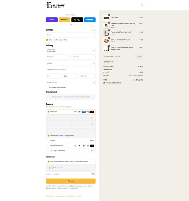 BlueBus Fine Tools checkout page showing BlueBus Fine Tools discount code box | Screenshot taken by SimplyCodes community member on Sep 2, 2025
