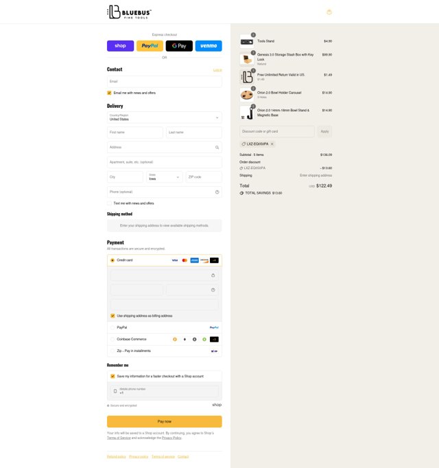BlueBus Fine Tools checkout page showing BlueBus Fine Tools discount code box | Screenshot taken by SimplyCodes community member on Sep 7, 2025