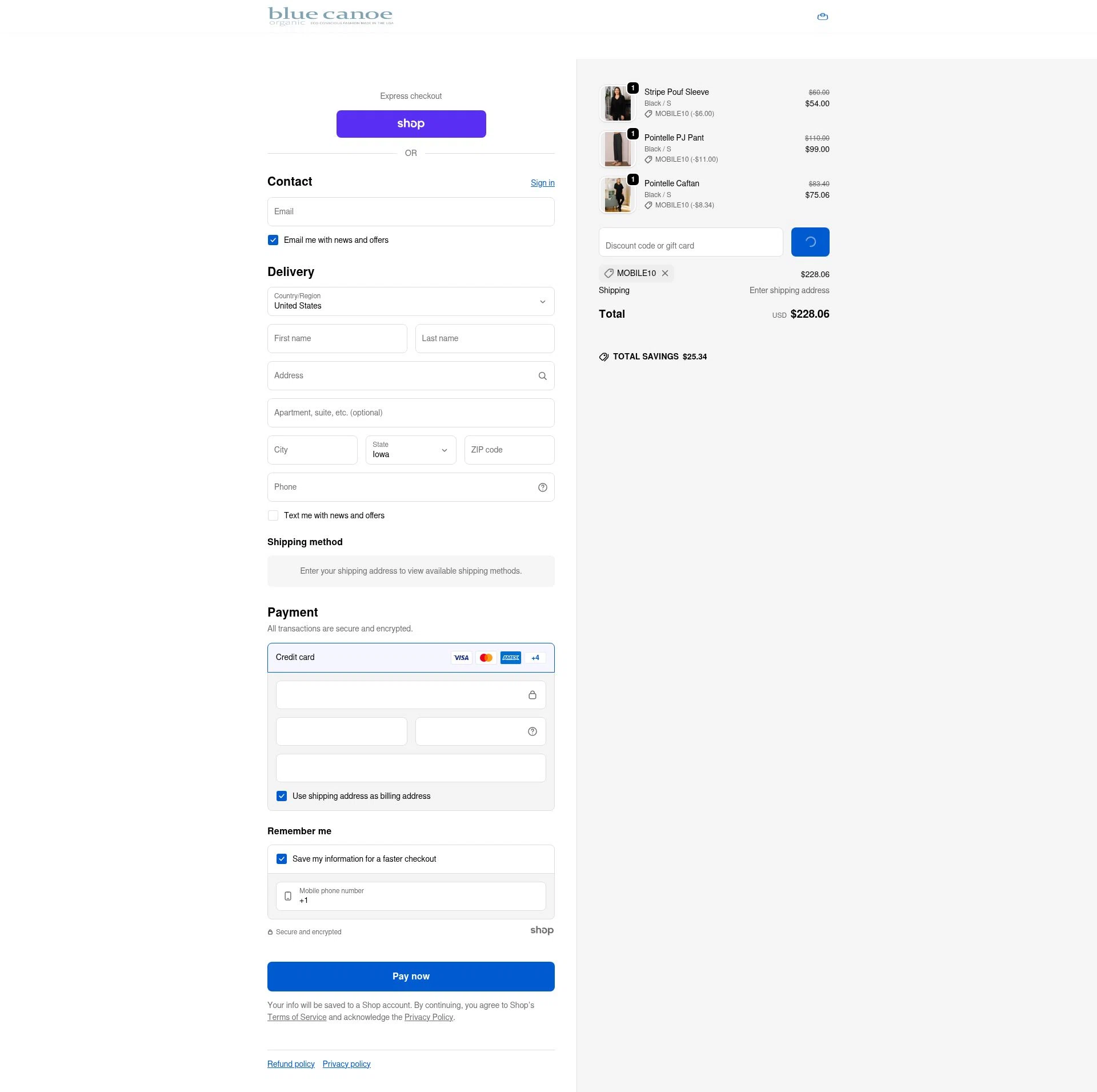 Blue Canoe checkout page showing Blue Canoe discount code box | Screenshot taken by SimplyCodes community member on Jan 28, 2026