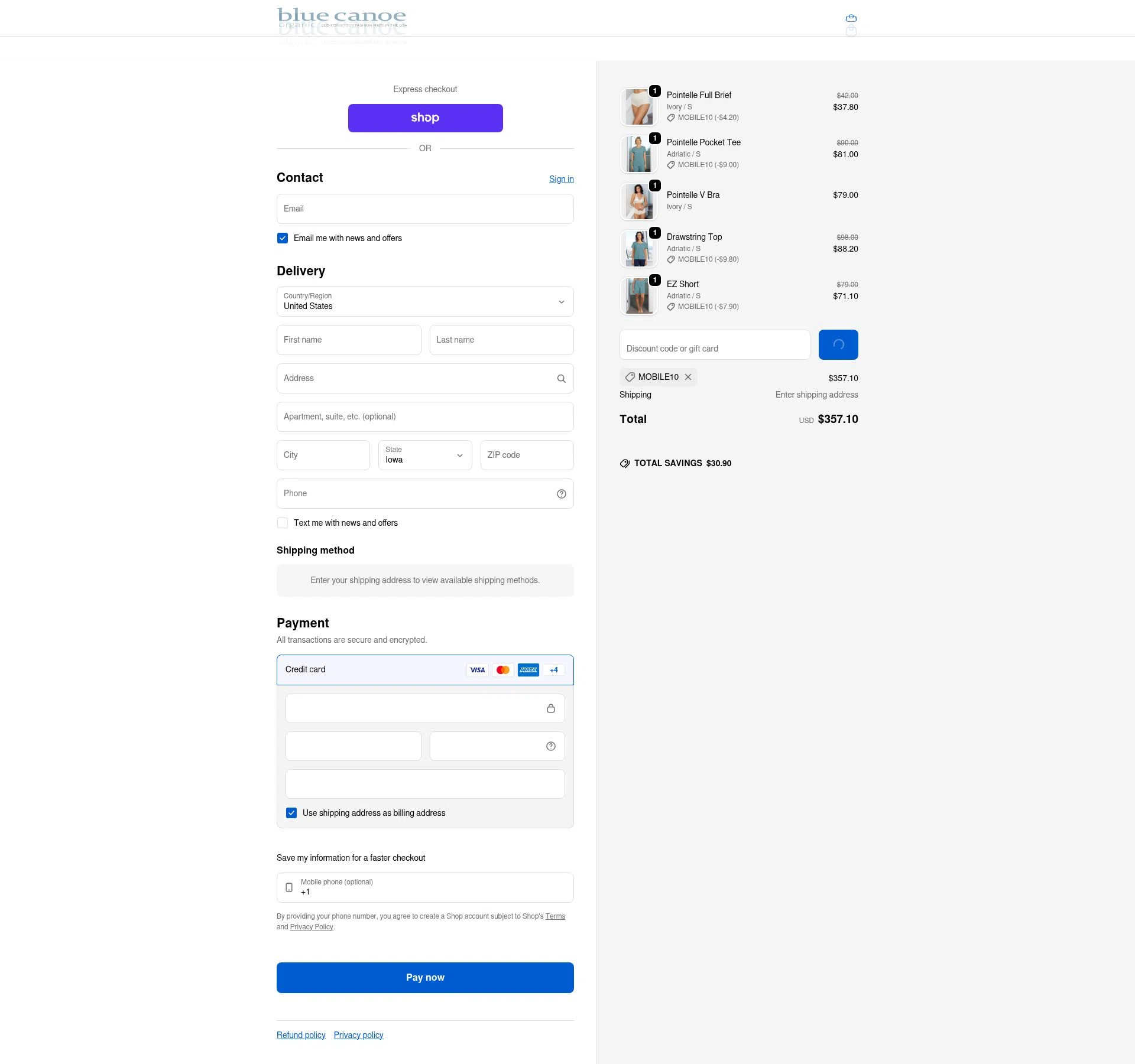 Blue Canoe checkout page showing Blue Canoe discount code box | Screenshot taken by SimplyCodes community member on Feb 9, 2026