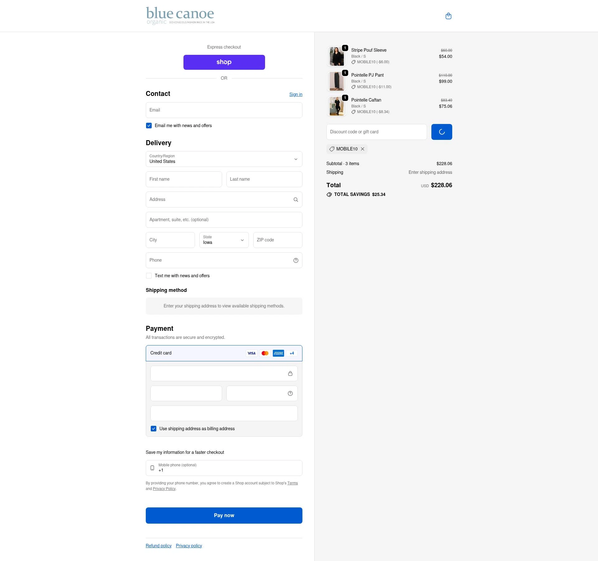 Blue Canoe checkout page showing Blue Canoe discount code box | Screenshot taken by SimplyCodes community member on Feb 5, 2026