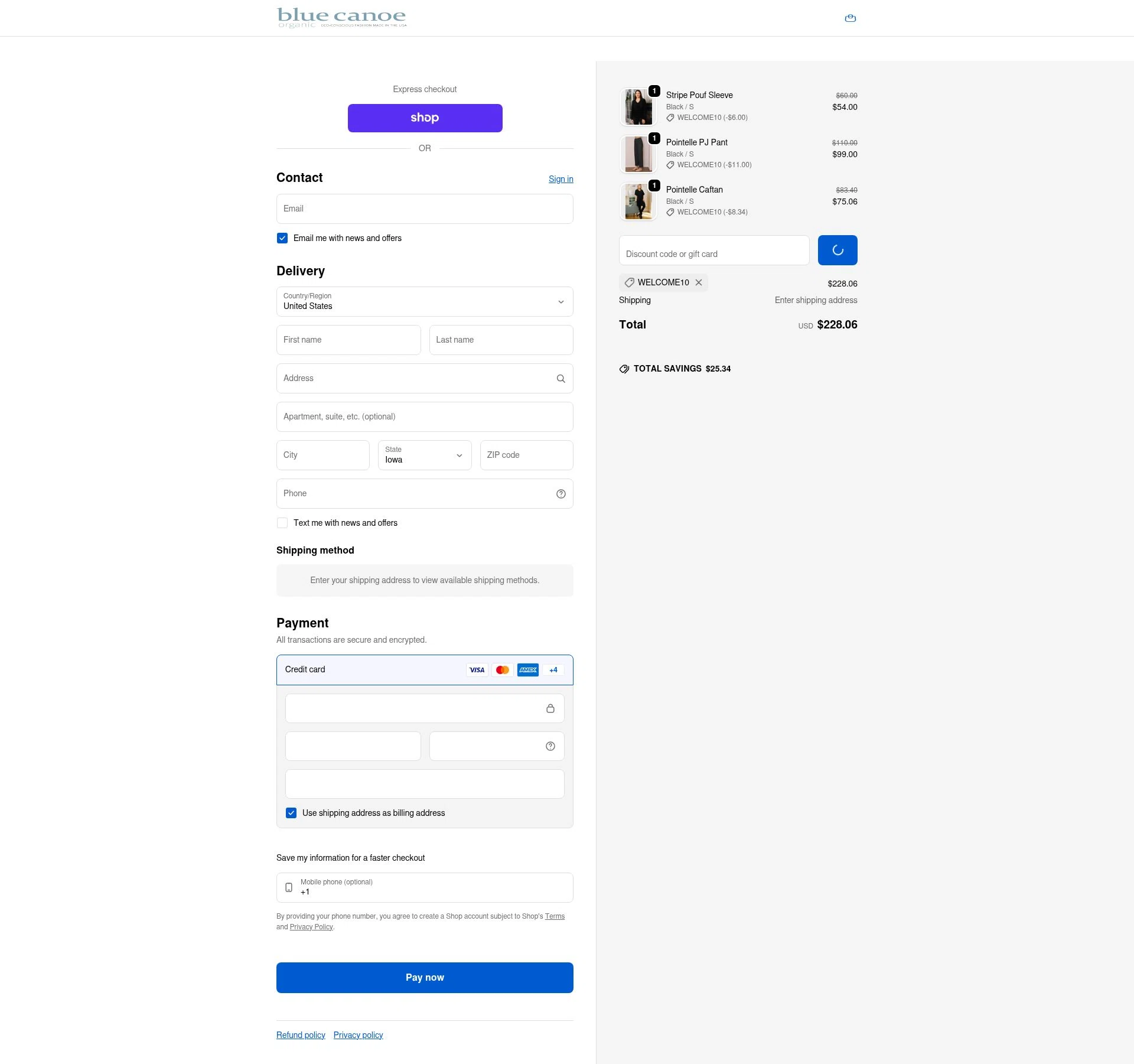 Blue Canoe checkout page showing Blue Canoe discount code box | Screenshot taken by SimplyCodes community member on Feb 5, 2026