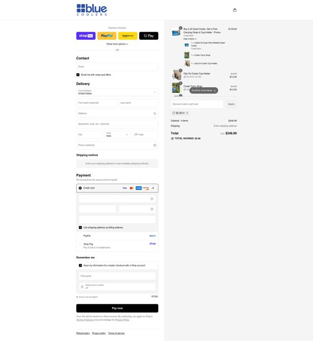 Blue Coolers checkout page showing Blue Coolers discount code box | Screenshot taken by SimplyCodes community member on Aug 22, 2025