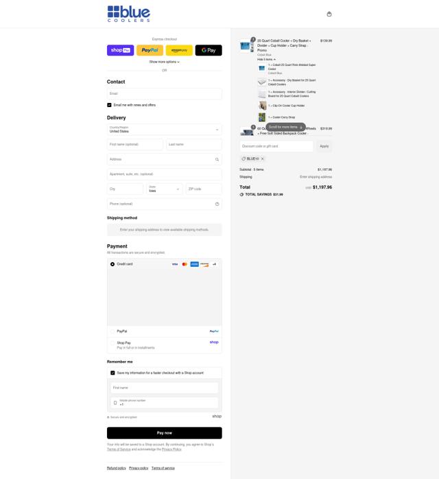 Blue Coolers checkout page showing Blue Coolers discount code box | Screenshot taken by SimplyCodes community member on Aug 26, 2025