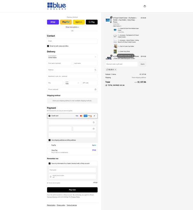 Blue Coolers checkout page showing Blue Coolers discount code box | Screenshot taken by SimplyCodes community member on Sep 3, 2025