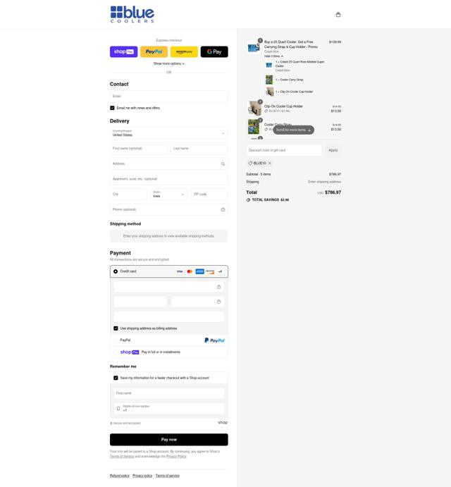 Blue Coolers checkout page showing Blue Coolers discount code box | Screenshot taken by SimplyCodes community member on Aug 4, 2025