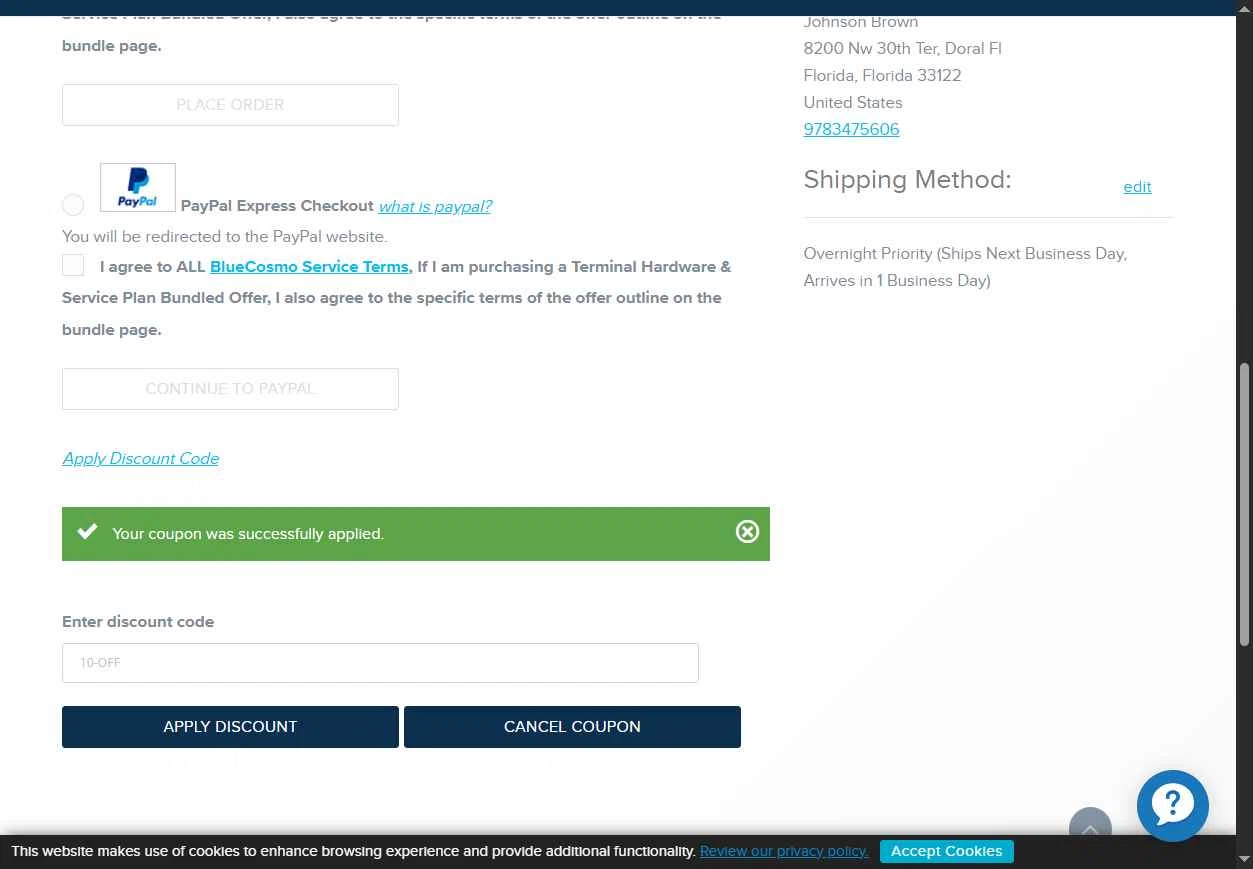 BlueCosmo checkout page showing BlueCosmo promo code box | Screenshot taken by SimplyCodes community member on Jan 8, 2026