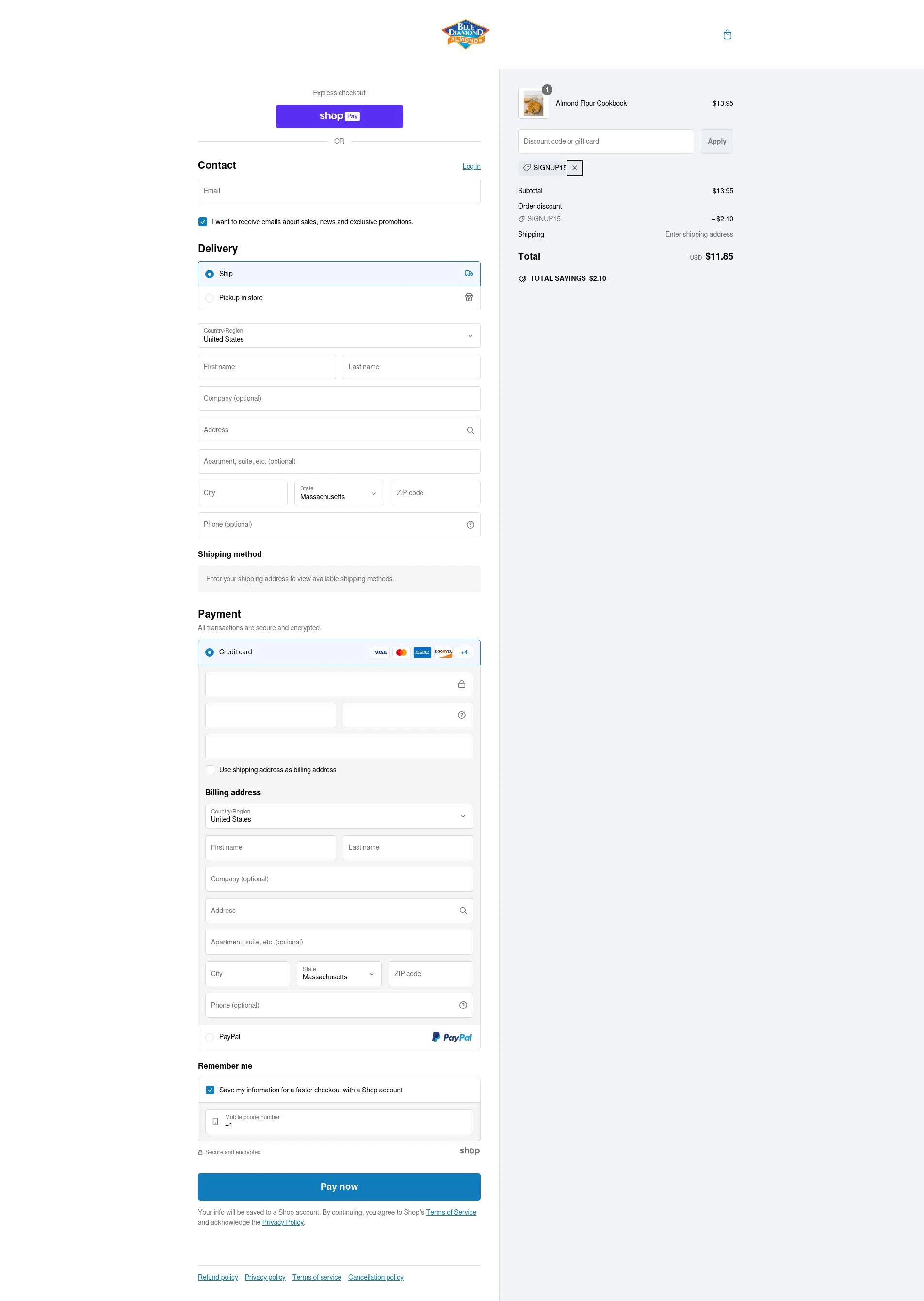 Blue Diamond Almonds checkout page showing Blue Diamond Almonds coupon code box | Screenshot taken by SimplyCodes community member on Feb 4, 2025