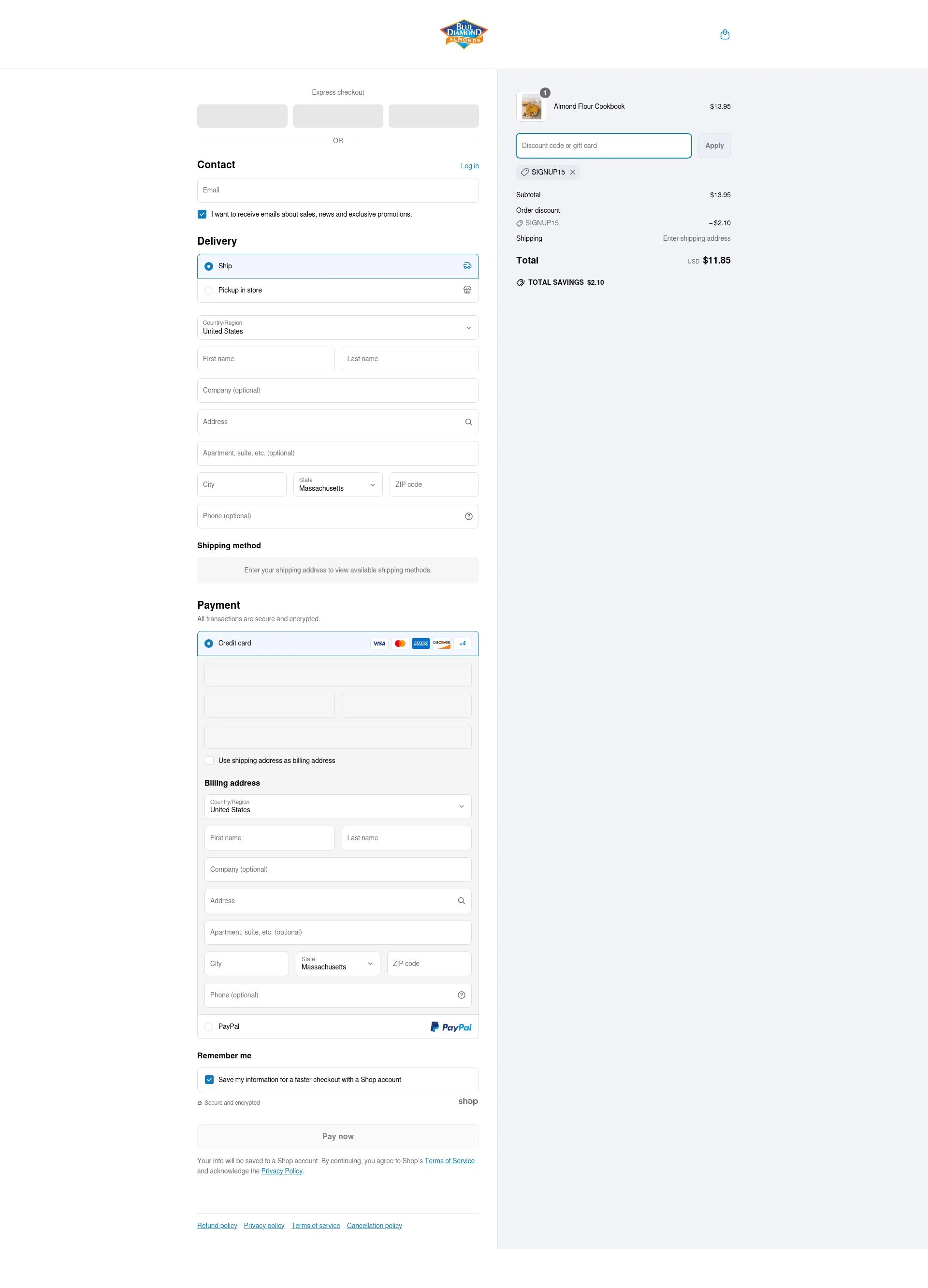 Blue Diamond Almonds checkout page showing Blue Diamond Almonds coupon code box | Screenshot taken by SimplyCodes community member on Apr 6, 2025