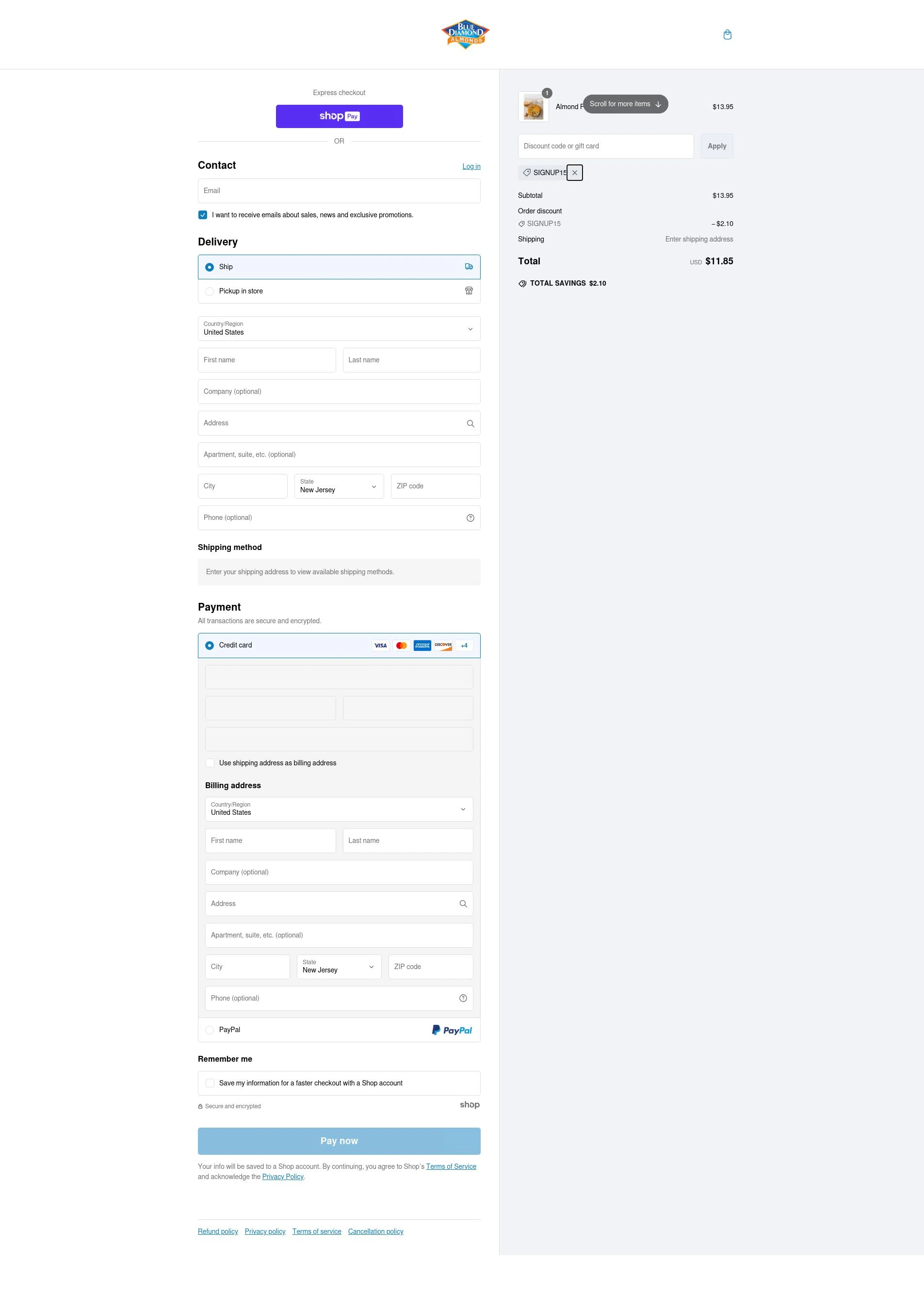 Blue Diamond Almonds checkout page showing Blue Diamond Almonds coupon code box | Screenshot taken by SimplyCodes community member on Feb 8, 2025