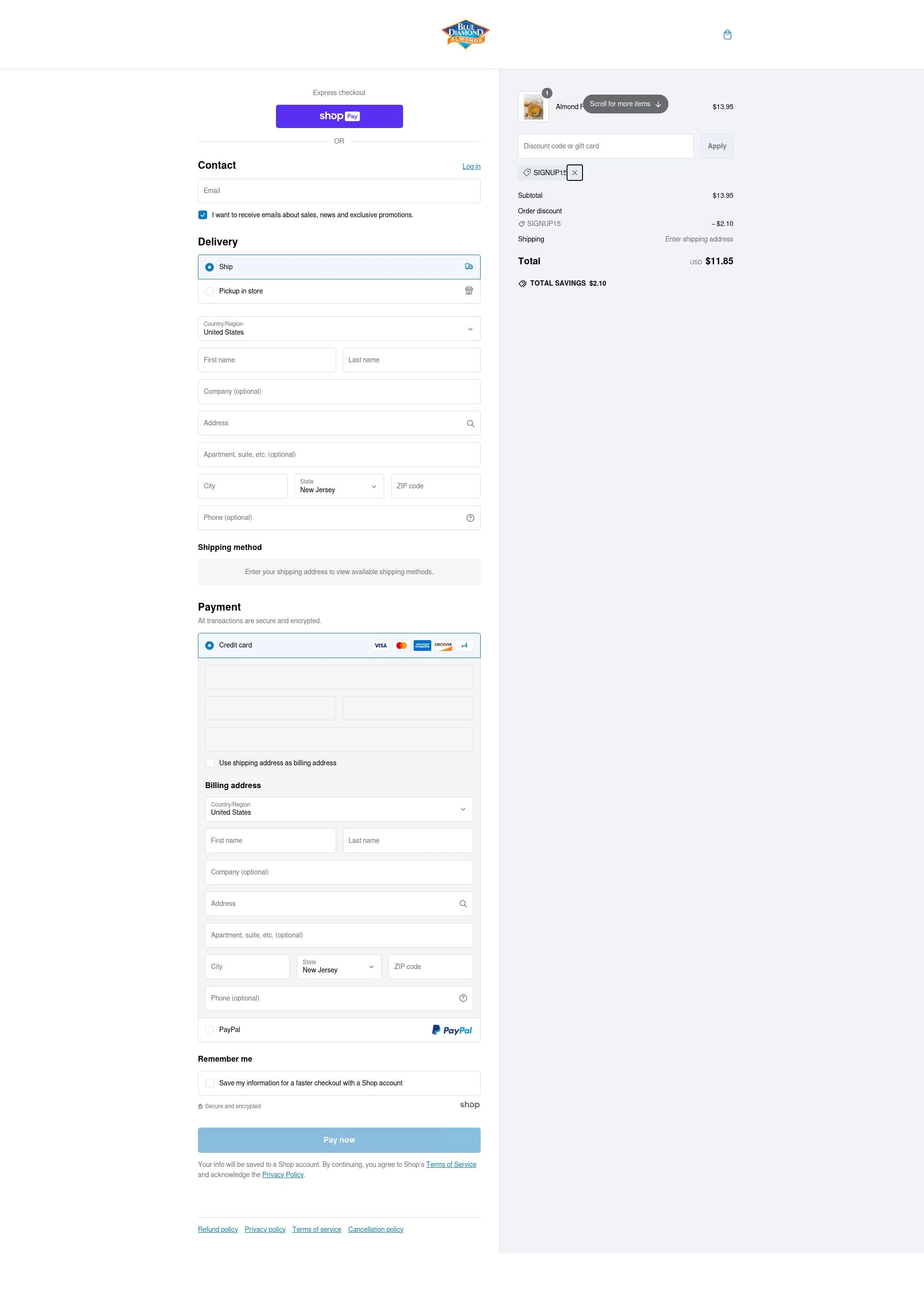 Blue Diamond Almonds checkout page showing Blue Diamond Almonds coupon code box | Screenshot taken by SimplyCodes community member on Feb 23, 2025