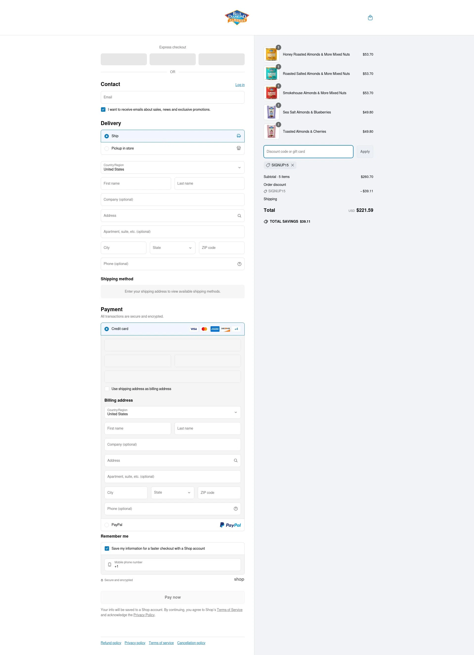 Blue Diamond Almonds checkout page showing Blue Diamond Almonds coupon code box | Screenshot taken by SimplyCodes community member on Apr 25, 2025
