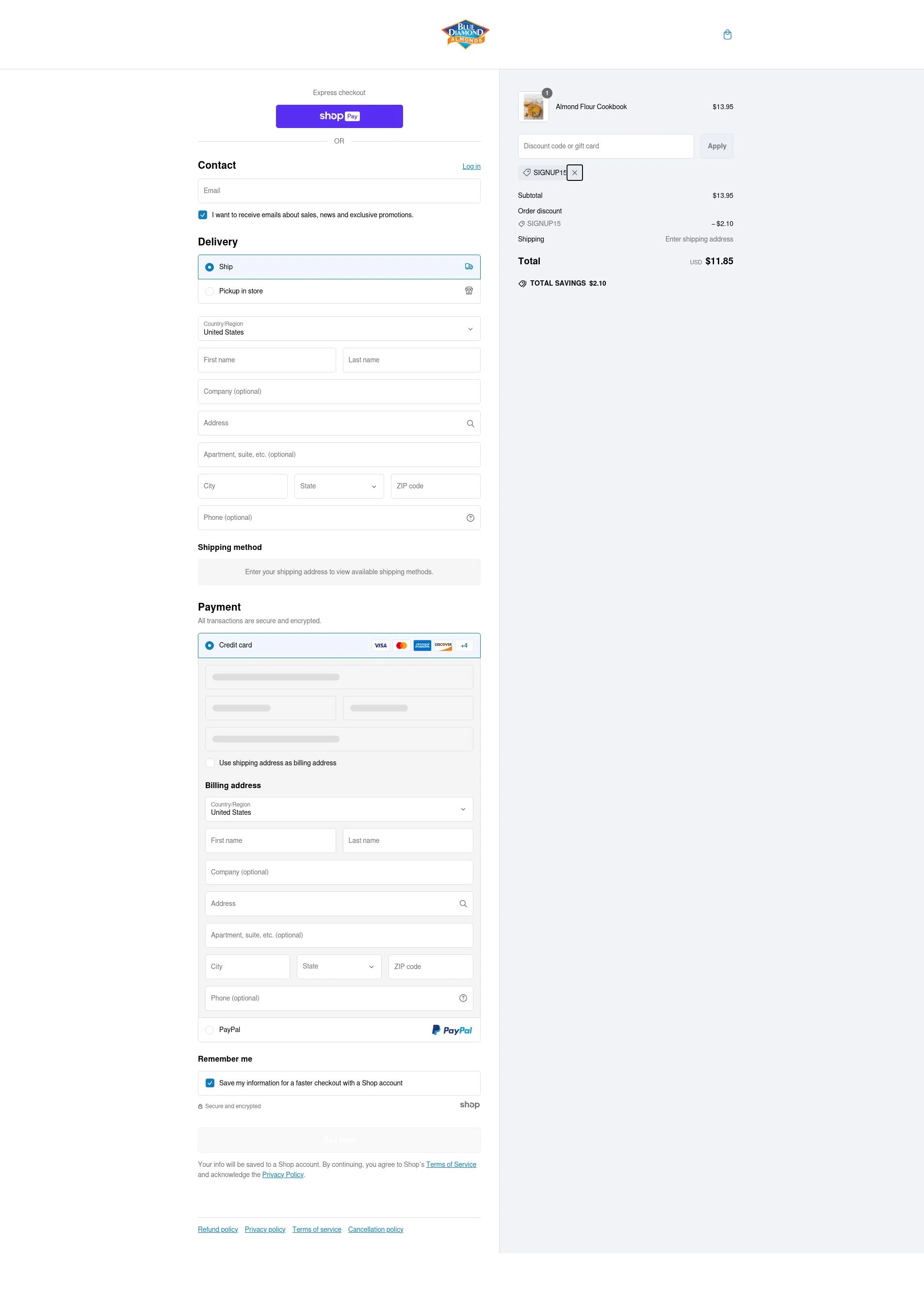 Blue Diamond Almonds checkout page showing Blue Diamond Almonds coupon code box | Screenshot taken by SimplyCodes community member on Feb 22, 2025
