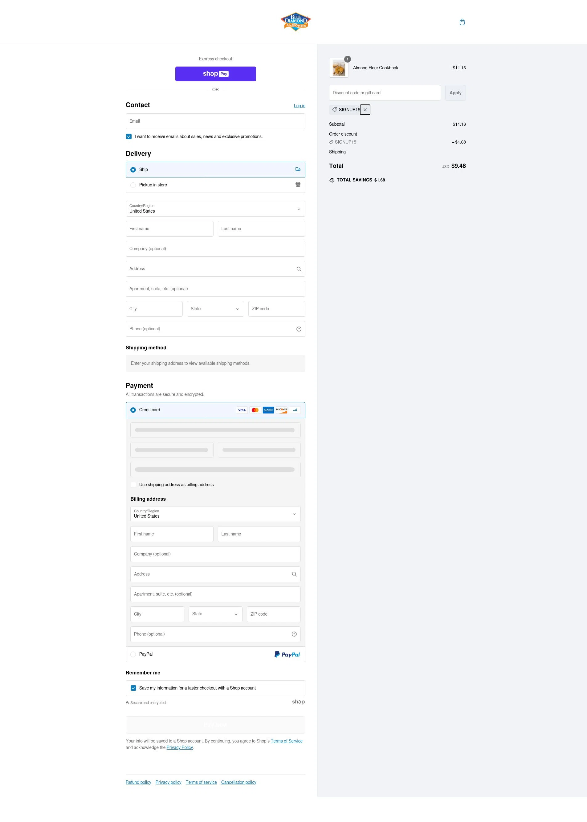 Blue Diamond Almonds checkout page showing Blue Diamond Almonds coupon code box | Screenshot taken by SimplyCodes community member on Feb 12, 2025