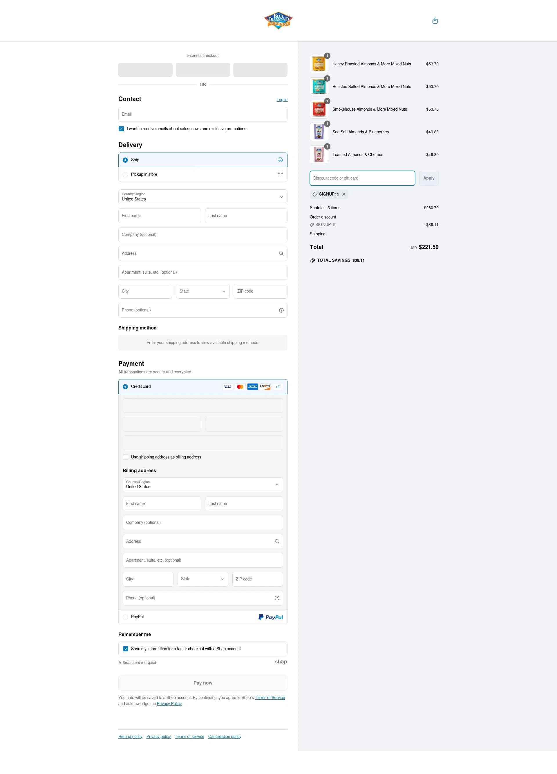Blue Diamond Almonds checkout page showing Blue Diamond Almonds coupon code box | Screenshot taken by SimplyCodes community member on Apr 18, 2025
