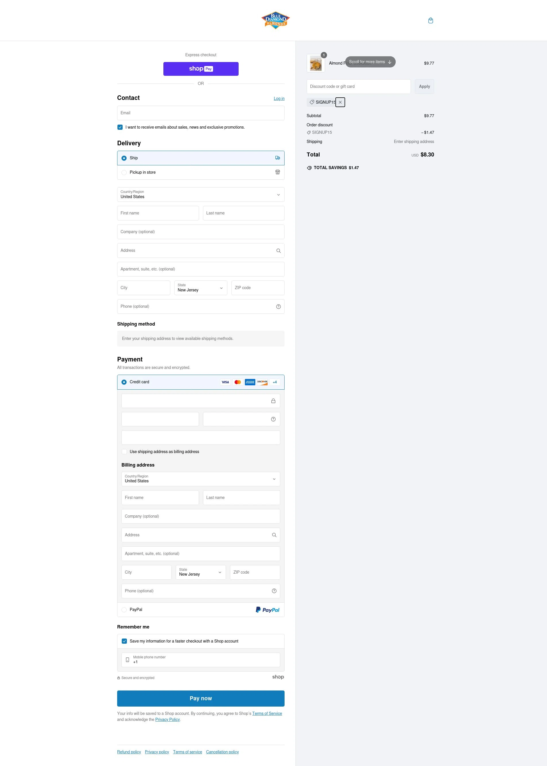 Blue Diamond Almonds checkout page showing Blue Diamond Almonds coupon code box | Screenshot taken by SimplyCodes community member on Feb 16, 2025