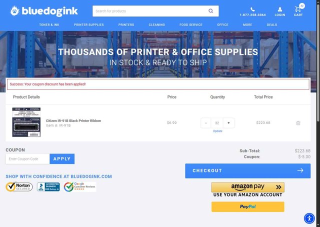 Bluedogink checkout page showing Bluedogink coupon code box | Screenshot taken by SimplyCodes community member on Aug 16, 2025