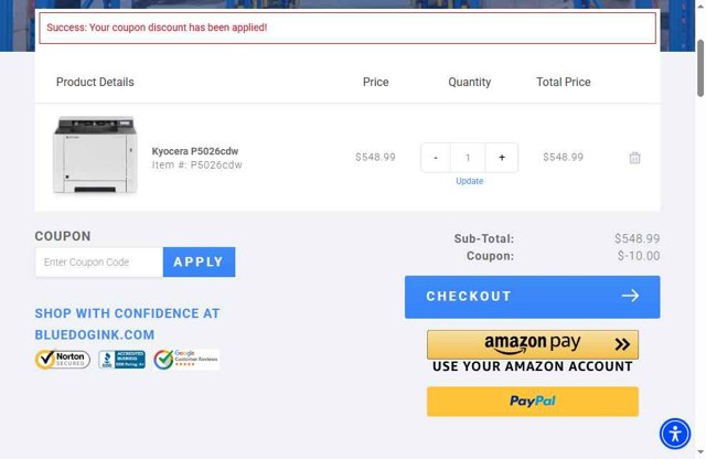 Bluedogink checkout page showing Bluedogink coupon code box | Screenshot taken by SimplyCodes community member on Sep 3, 2025