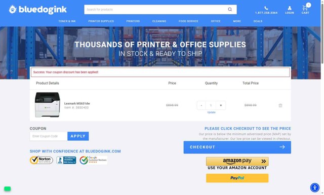 Bluedogink checkout page showing Bluedogink coupon code box | Screenshot taken by SimplyCodes community member on Aug 8, 2025