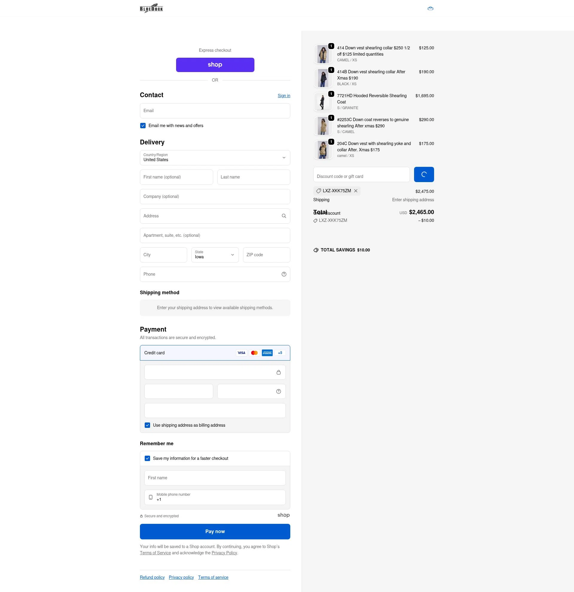 Blue Duck Shearling checkout page showing Blue Duck Shearling coupon code box | Screenshot taken by SimplyCodes community member on Dec 28, 2025