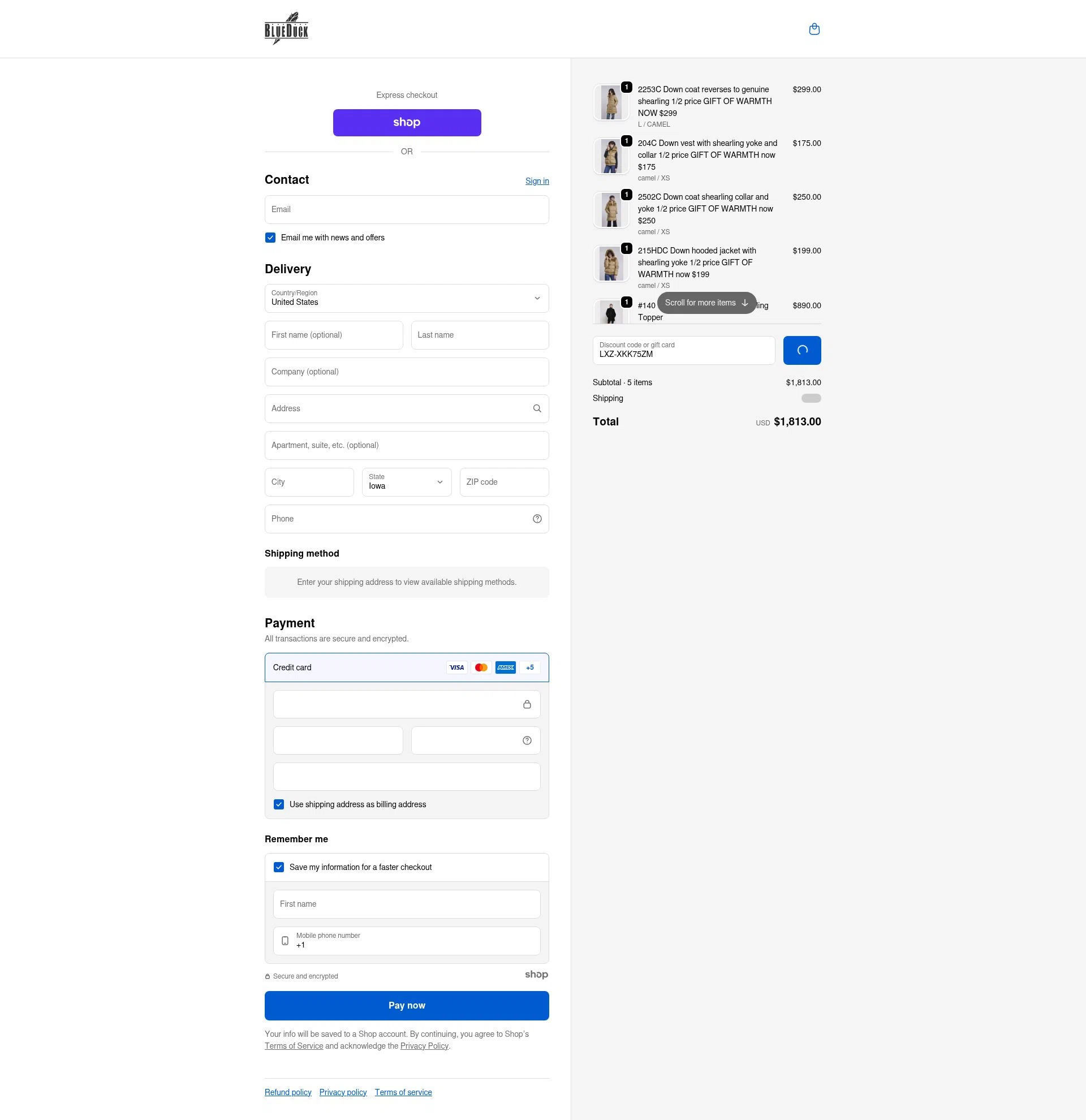 Blue Duck Shearling checkout page showing Blue Duck Shearling coupon code box | Screenshot taken by SimplyCodes community member on Dec 17, 2025