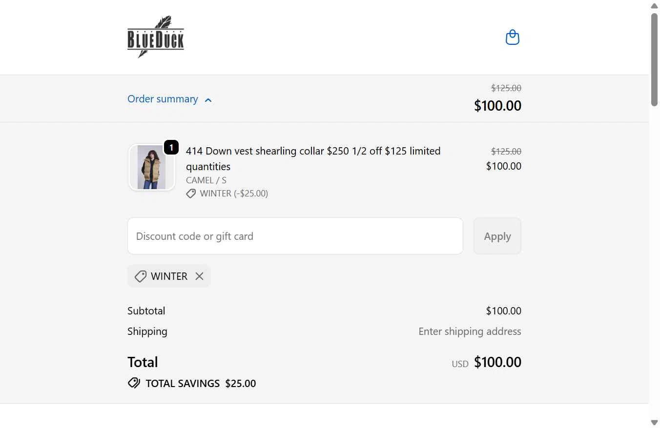 Blue Duck Shearling checkout page showing Blue Duck Shearling coupon code box | Screenshot taken by SimplyCodes community member on Dec 23, 2025