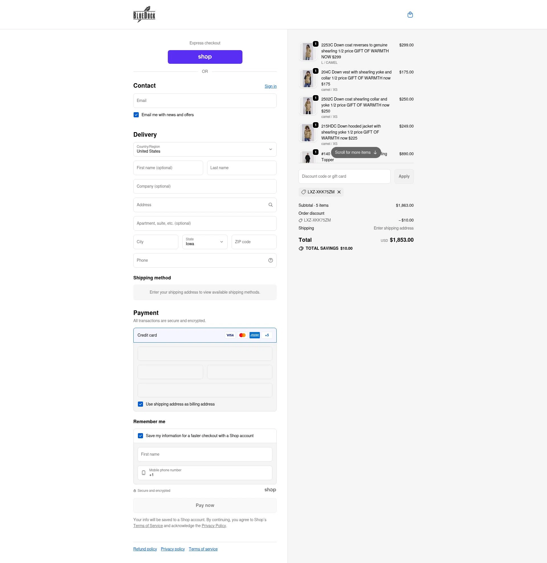 Blue Duck Shearling checkout page showing Blue Duck Shearling coupon code box | Screenshot taken by SimplyCodes community member on Dec 11, 2025
